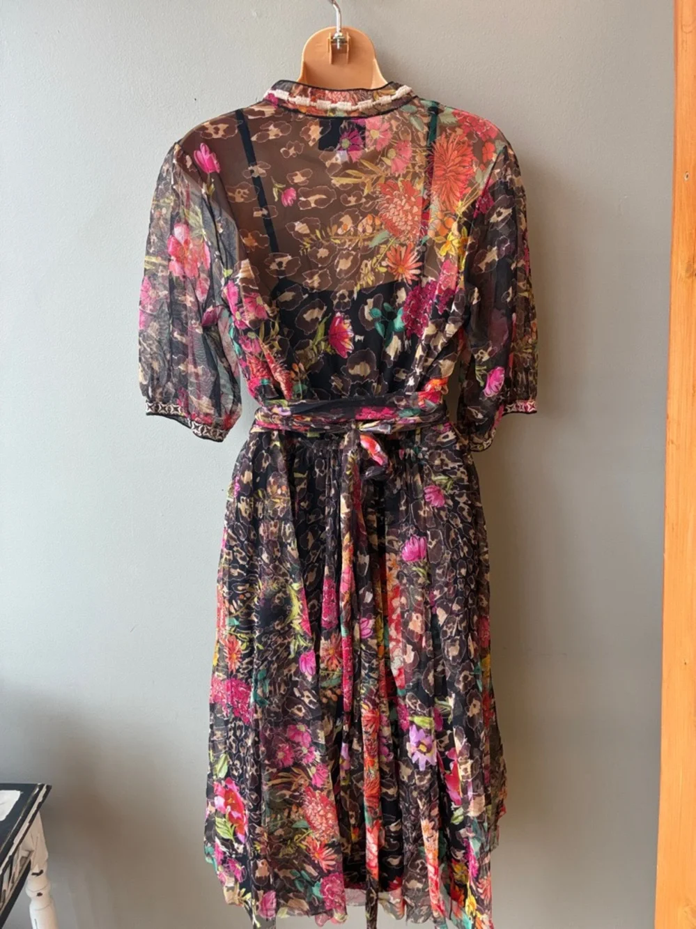 Johnny Was Mazzy Black Sheer Floral Midi Dress with White Embroidery - Picture 7 of 8